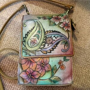 Anuschka Hand-Painted Floral Paisley Crossbody - Teal, Pink, Green